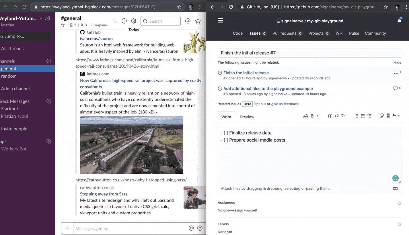 新しい Issue を作成すると、Slack チャンネルに Slackbot が表示されます